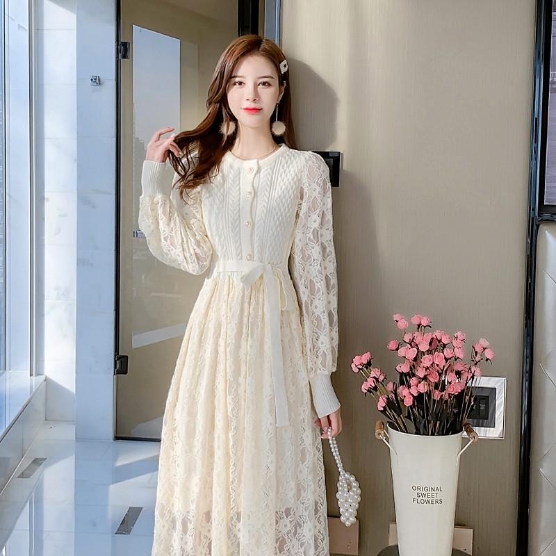 Pure lace sweet splice bottoming Pseudo-two spring dress