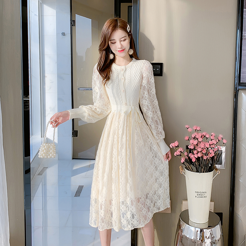 Pure lace sweet splice bottoming Pseudo-two spring dress