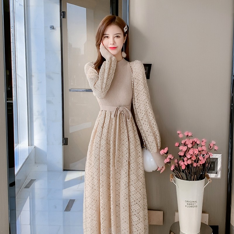 Spring pure Pseudo-two lace retro knitted sweet dress