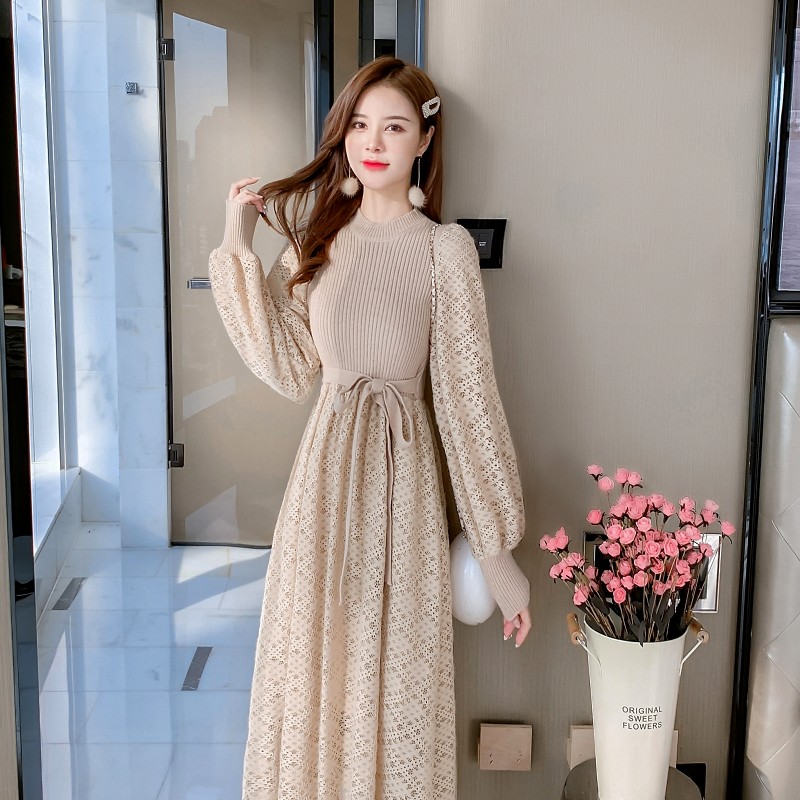 Spring pure Pseudo-two lace retro knitted sweet dress