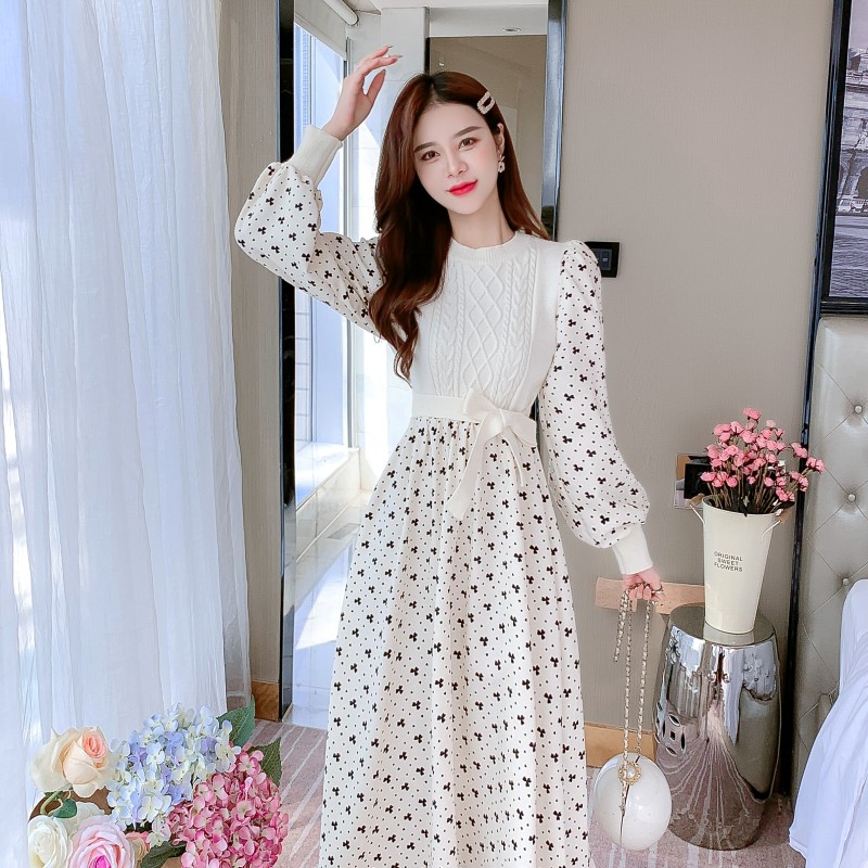 Puff sleeve Pseudo-two bottoming tender retro dress