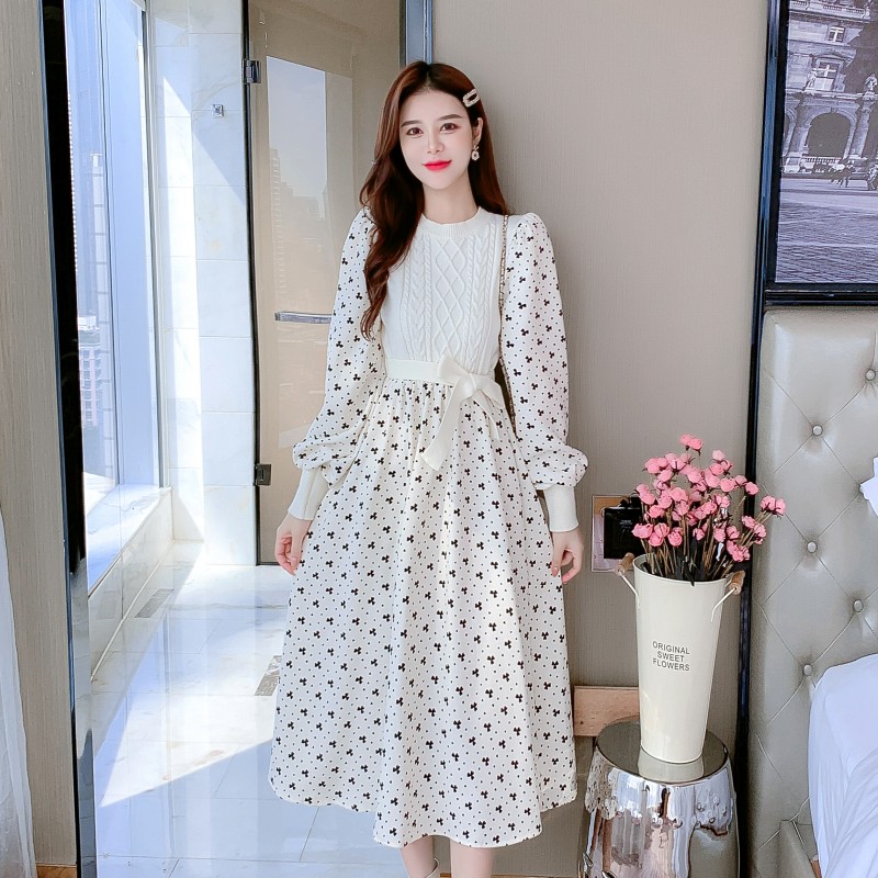 Puff sleeve Pseudo-two bottoming tender retro dress