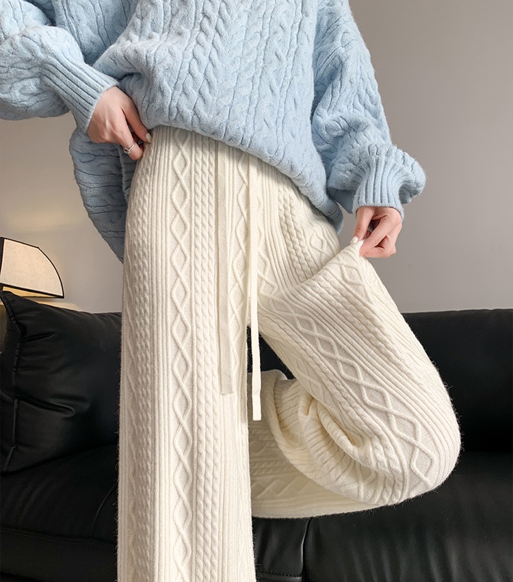 Drawstring twist wide leg pants knitted pants for women