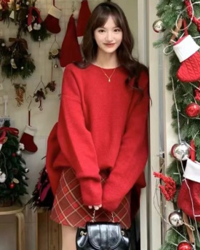 Red sweater short skirt 2pcs set for women