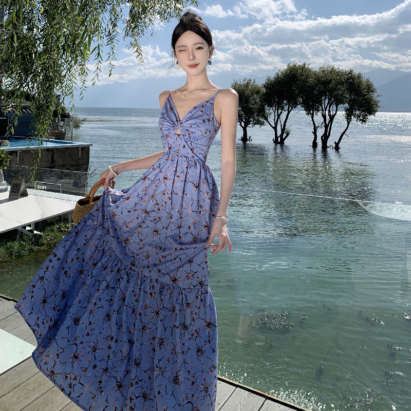 Floral sling dress vacation long dress for women