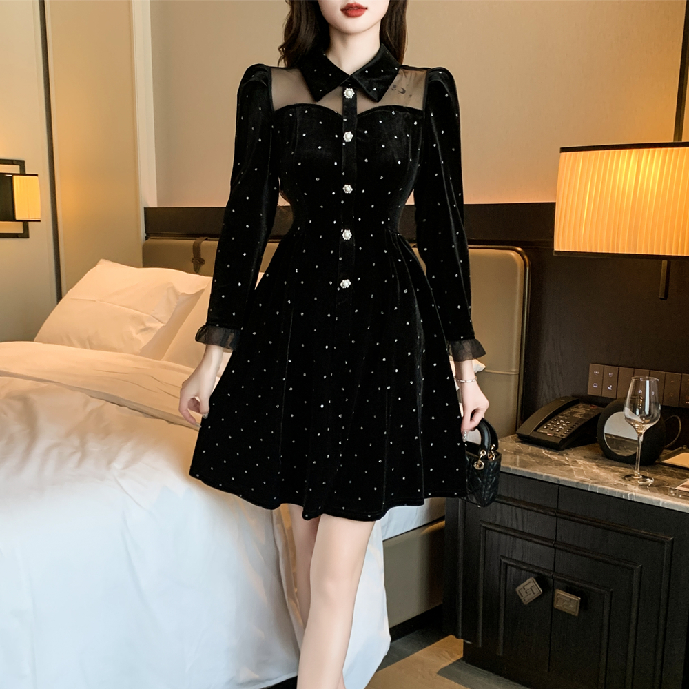France style Hepburn style slim velvet starry show young dress