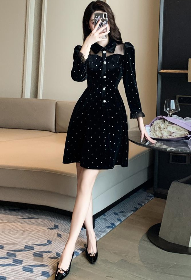 France style Hepburn style slim velvet starry show young dress