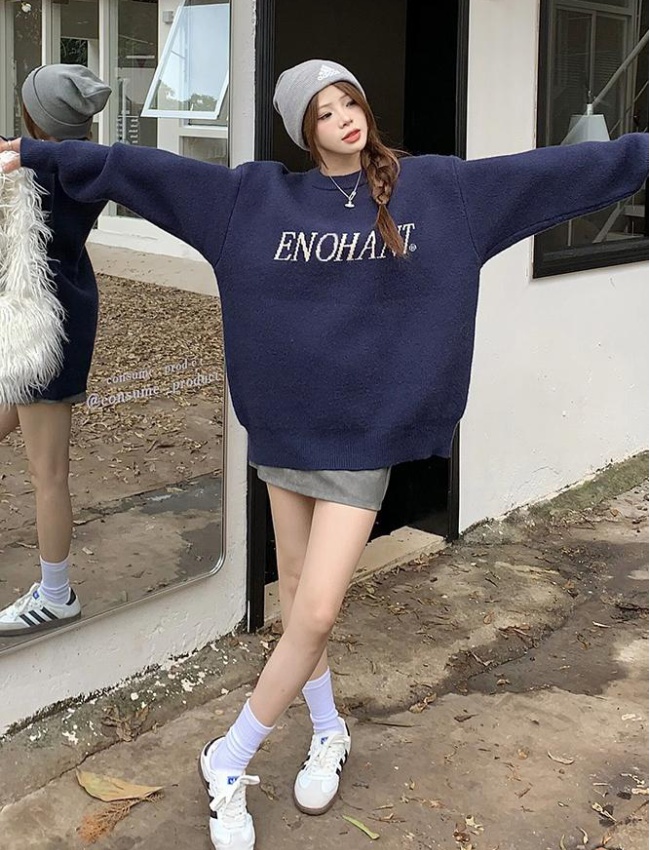 Lazy letters long sleeve tops pullover loose autumn sweater