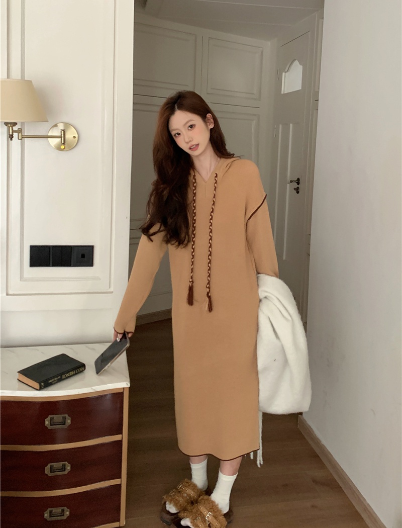 Autumn and winter lapel long sweater winter lace thick dress