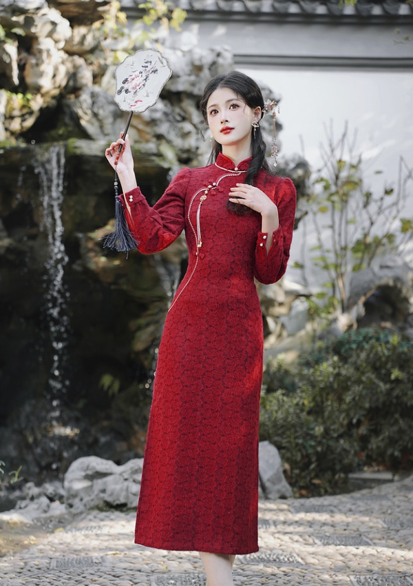 Plus velvet Chinese style cheongsam red evening dress
