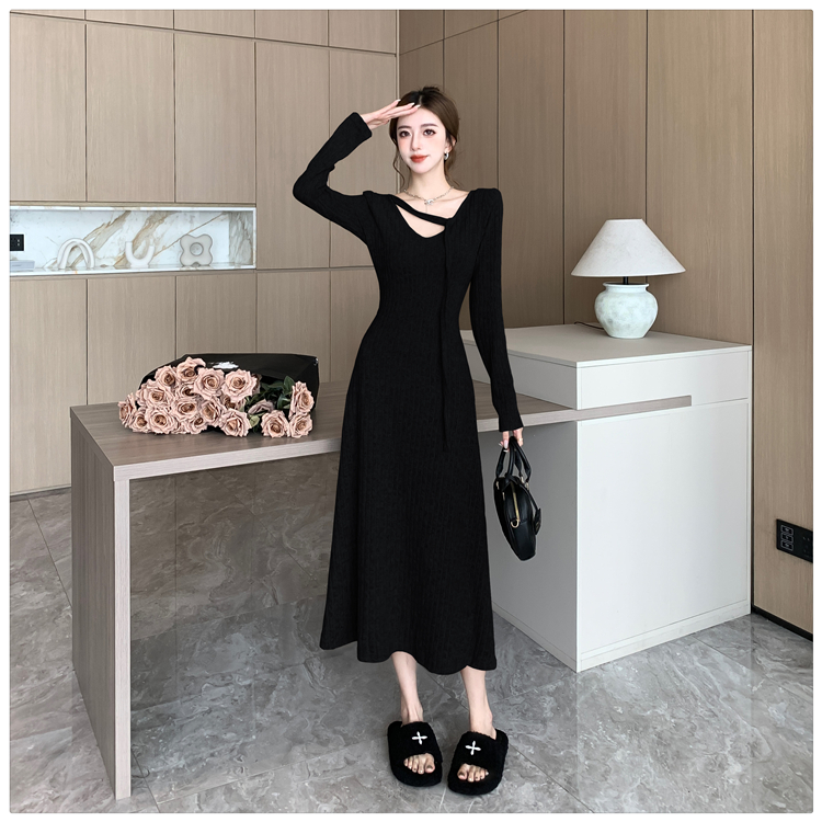 Knitted France style dress pinched waist long dress