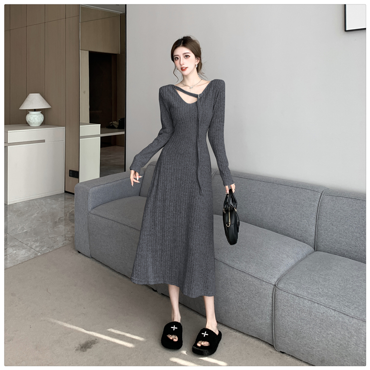 Knitted France style dress pinched waist long dress