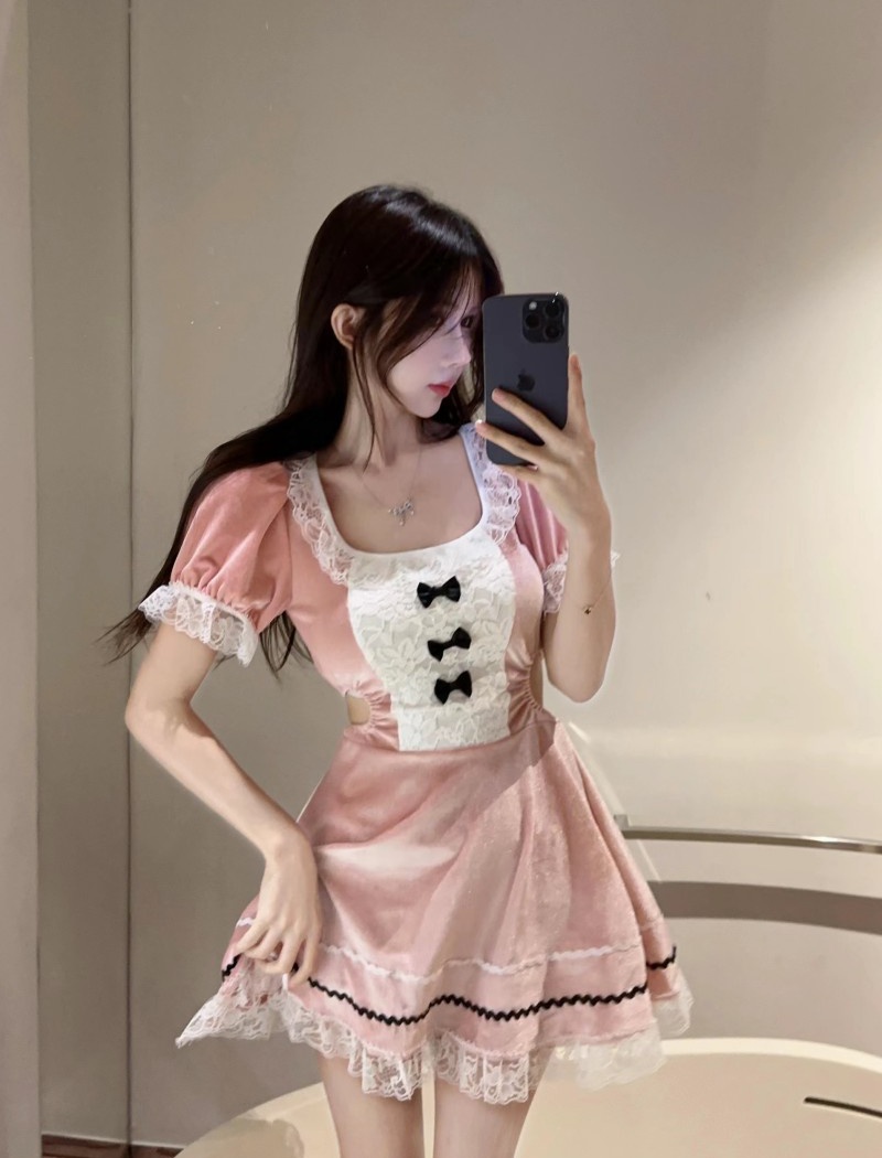 Lace banquet splice pink lovely short sleeve dress for women