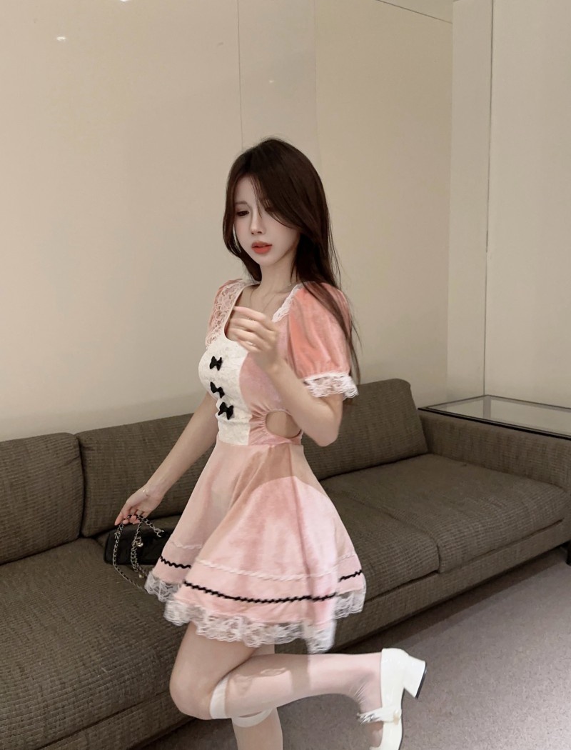 Lace banquet splice pink lovely short sleeve dress for women