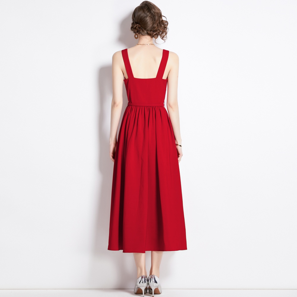 Pinched waist sling sleeveless red spring big skirt dress