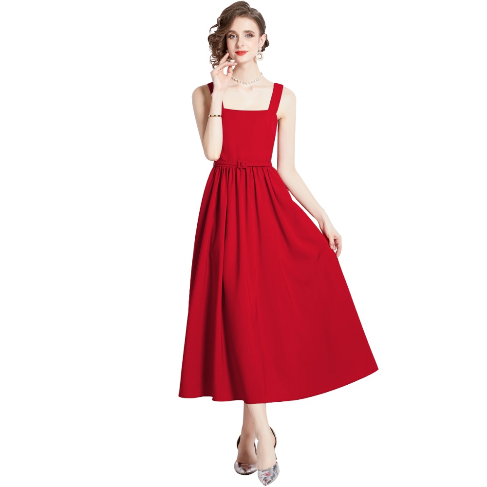 Pinched waist sling sleeveless red spring big skirt dress