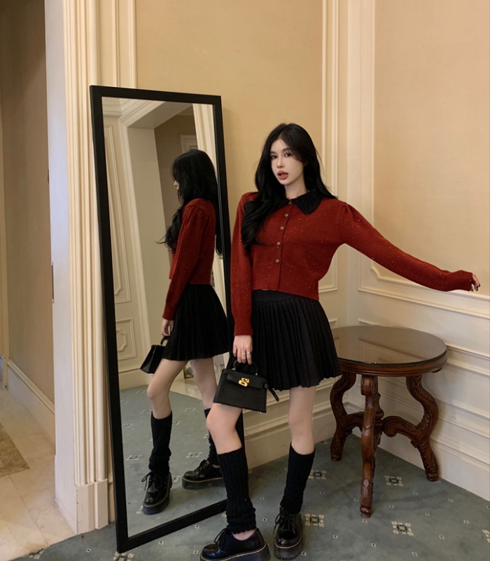 Red knitted tops doll collar christmas cardigan for women