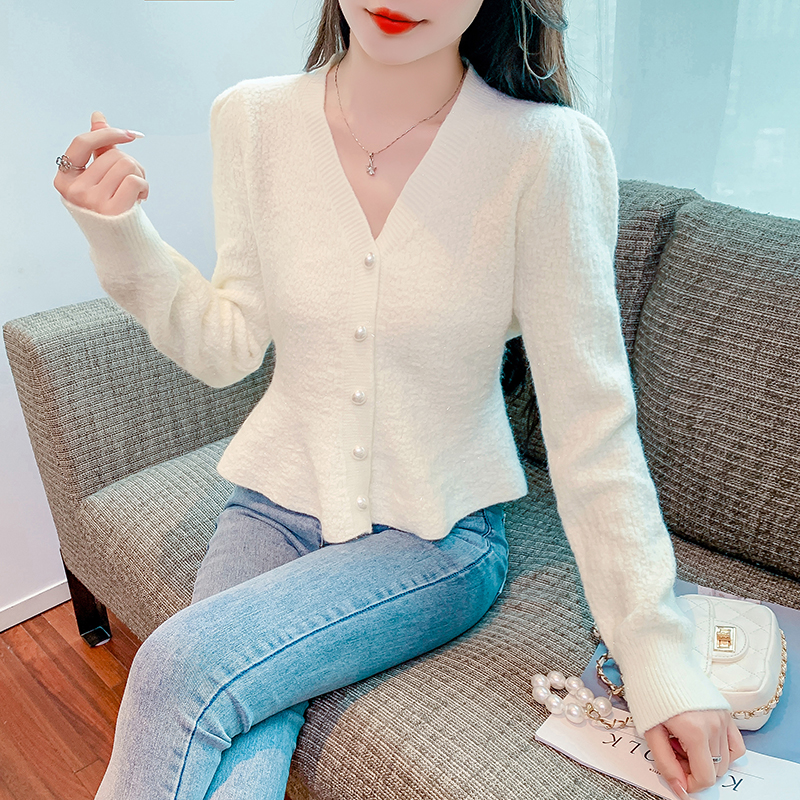 Fish France style fashion all-match pearl buckle sweater