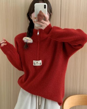 Red thick Casual autumn and winter pullover zip sweater