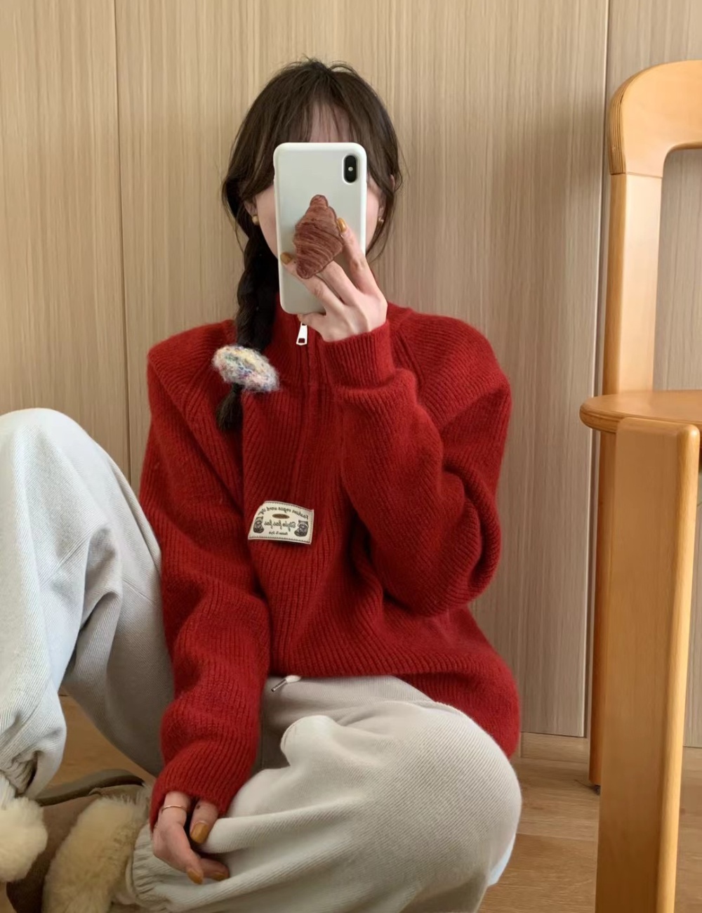 Red thick Casual autumn and winter pullover zip sweater