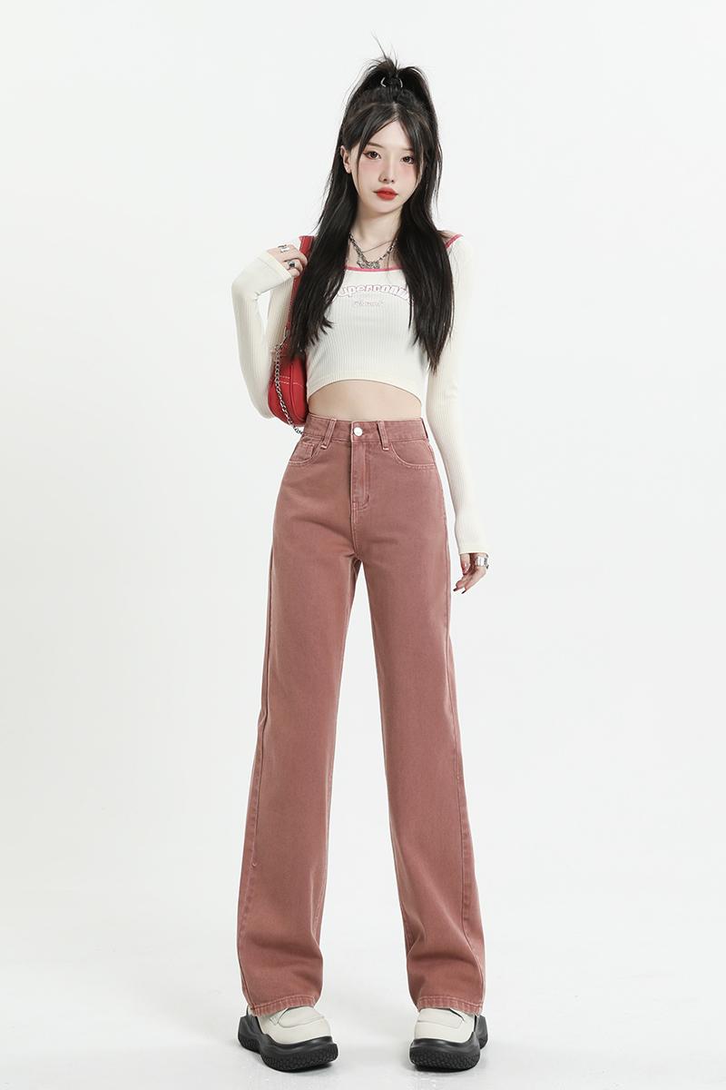 Slim pink pants high waist straight jeans for women