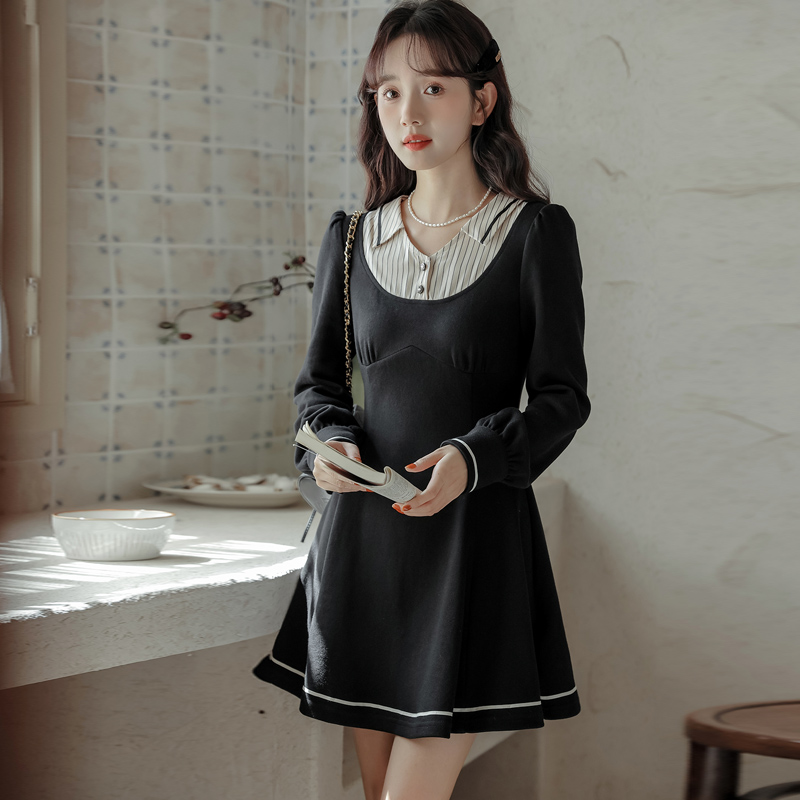 Long spring and autumn shirt pinched waist ladies dress