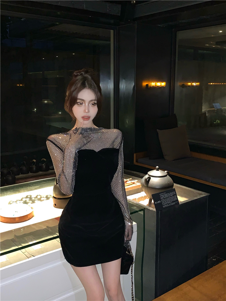 Package hip autumn and winter slim T-back liangsi diamond dress