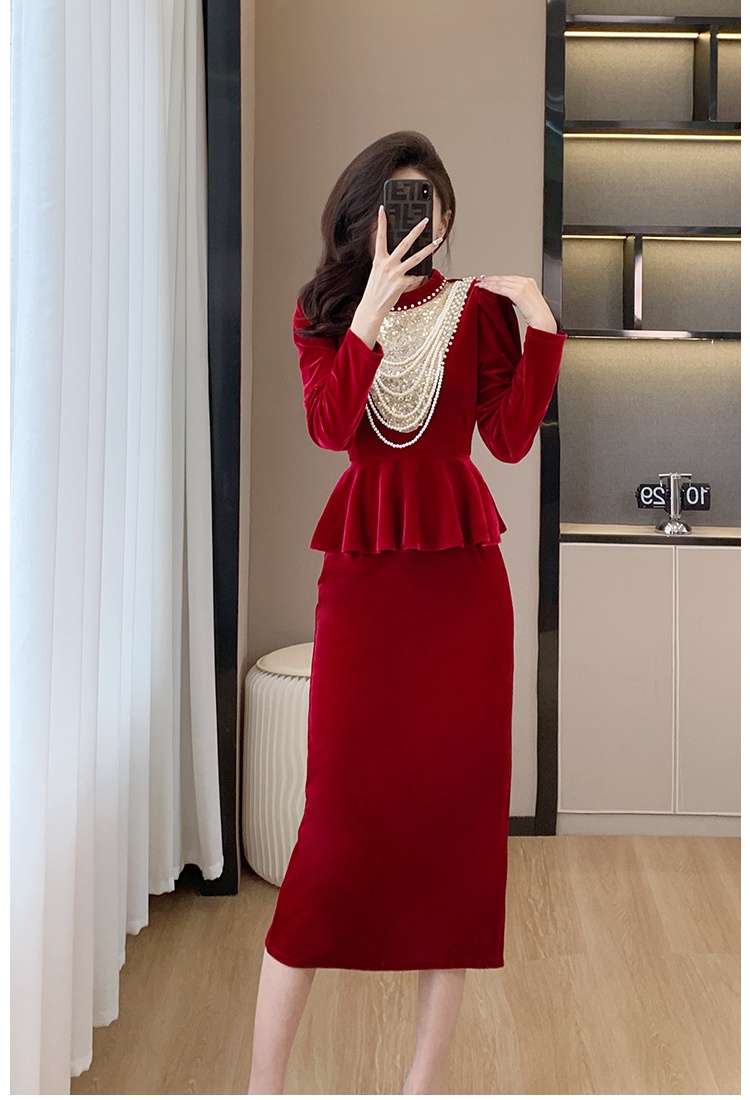 Cover belly red splice ladies beading dress