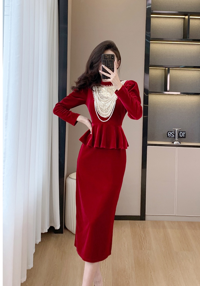Cover belly red splice ladies beading dress
