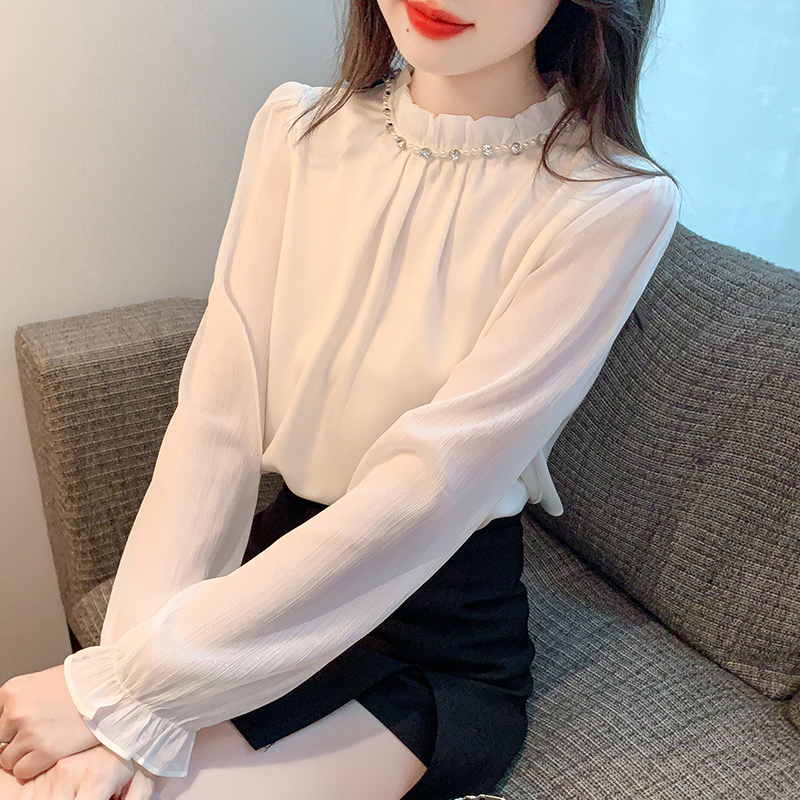 Beading all-match splice shirt Korean style long sleeve tops