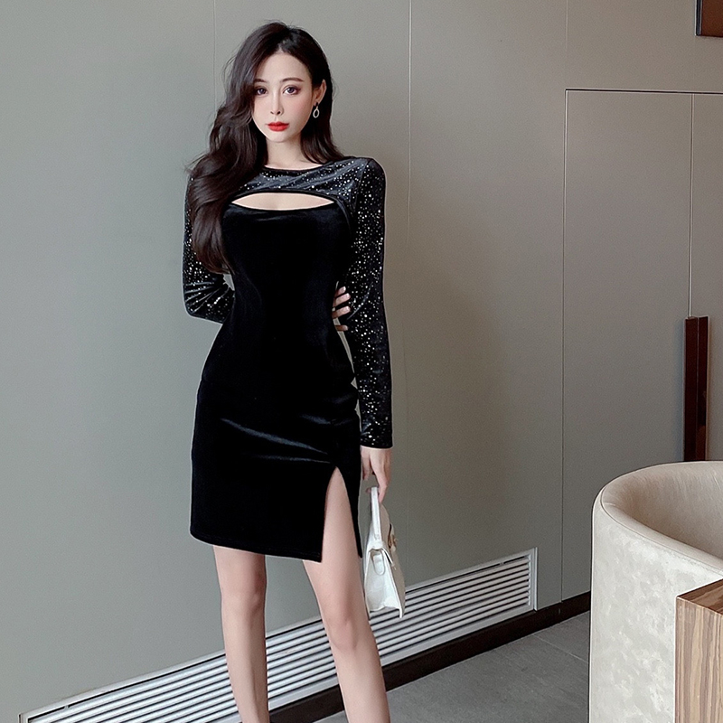 Spring and autumn slim splice bottoming hollow split dress