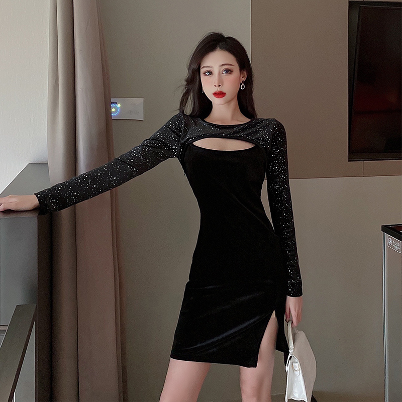 Spring and autumn slim splice bottoming hollow split dress