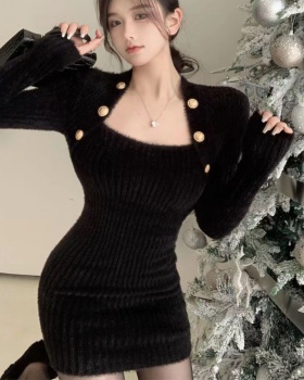 Black slim sweater dress autumn and winter dress