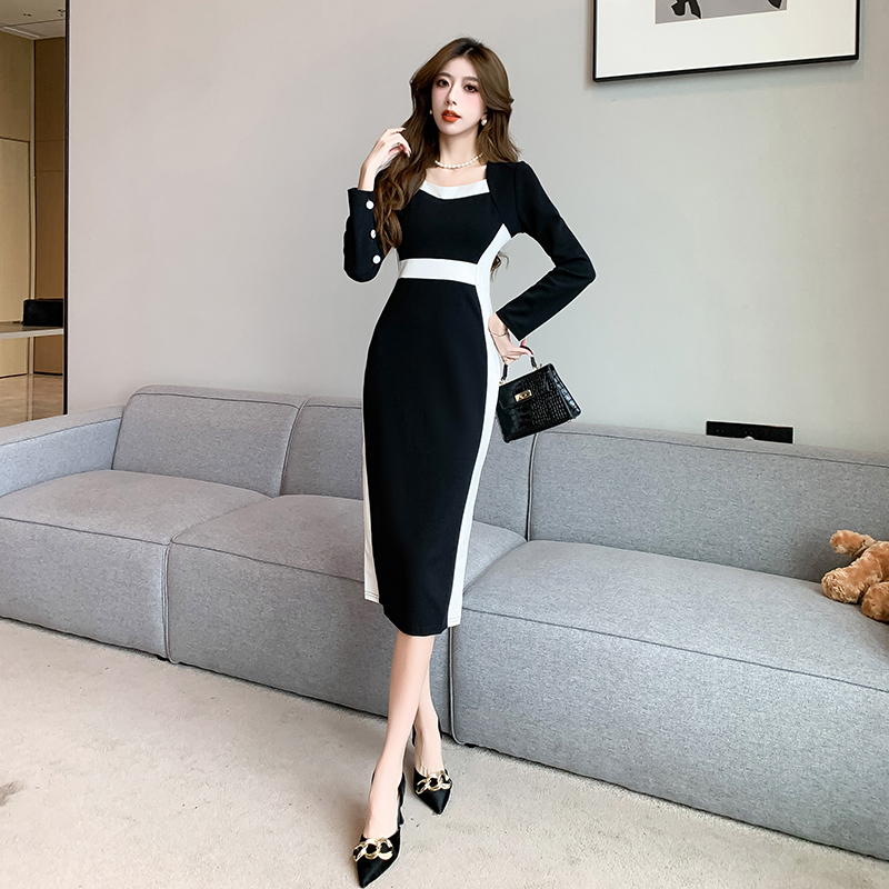 Slim autumn and winter long dress package hip jumpsuit