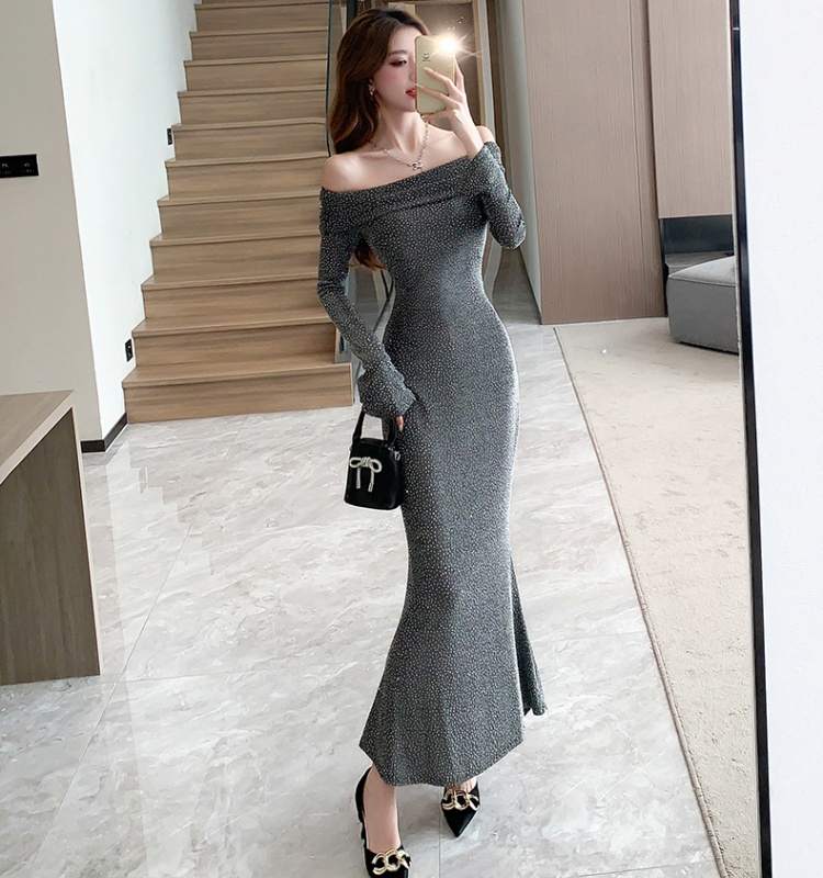Slim flat shoulder dress retro long dress for women