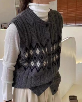 Retro diamond vest loose wool sweater for women