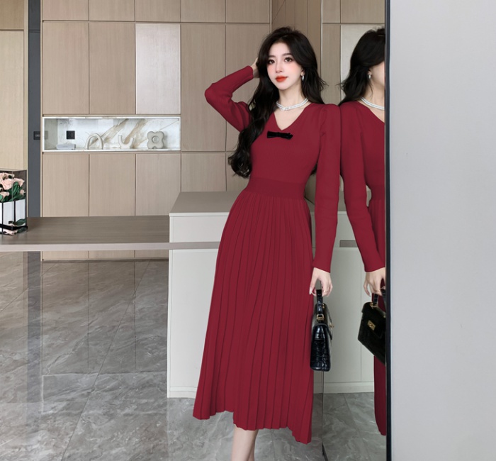 Bottoming knitted winter pinched waist dress for women