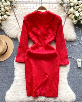 Autumn and winter woolen light luxury sequins dress for women
