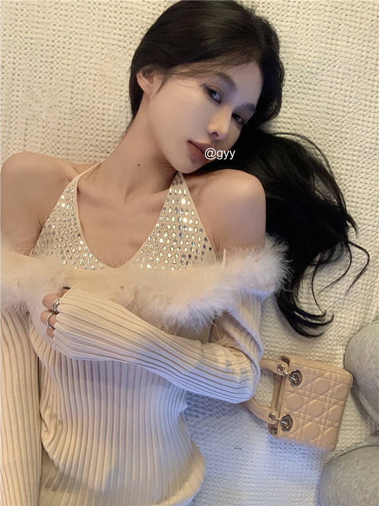 Splice knitted strapless autumn and winter enticement sweater