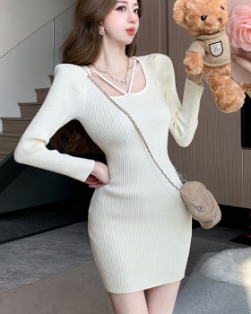 Korean style knitted square collar slim dress for women