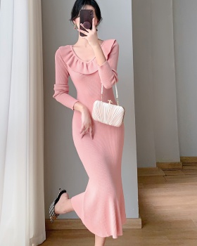 Tender V-neck lotus leaf edges pink bottoming skirt for women
