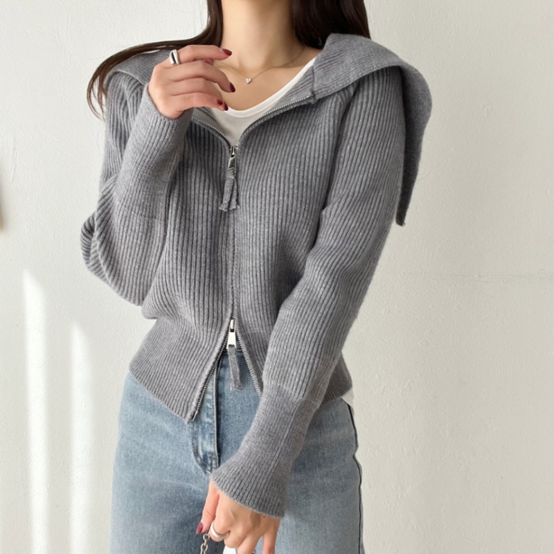 Knitted zip niche tops Korean style large lapel coat