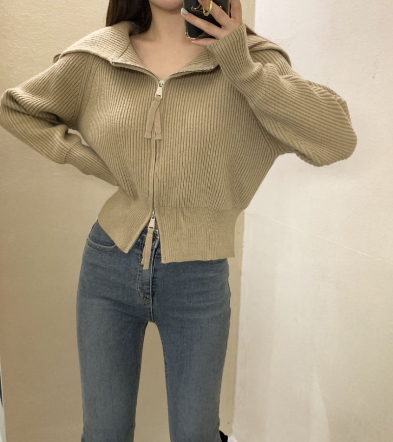 Knitted zip niche tops Korean style large lapel coat