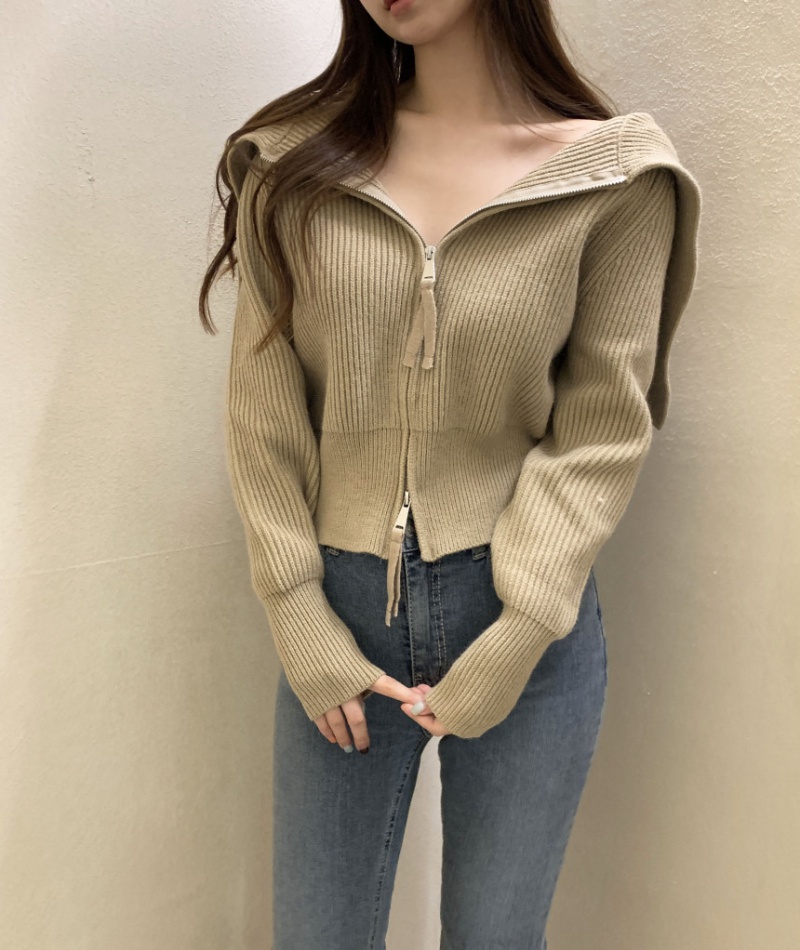 Knitted zip niche tops Korean style large lapel coat