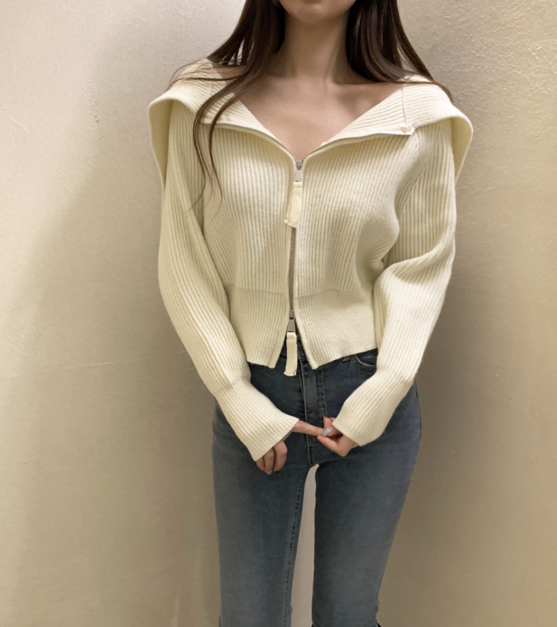 Knitted zip niche tops Korean style large lapel coat