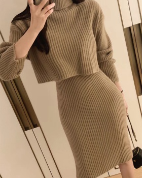 Retro long dress high collar sweater 2pcs set