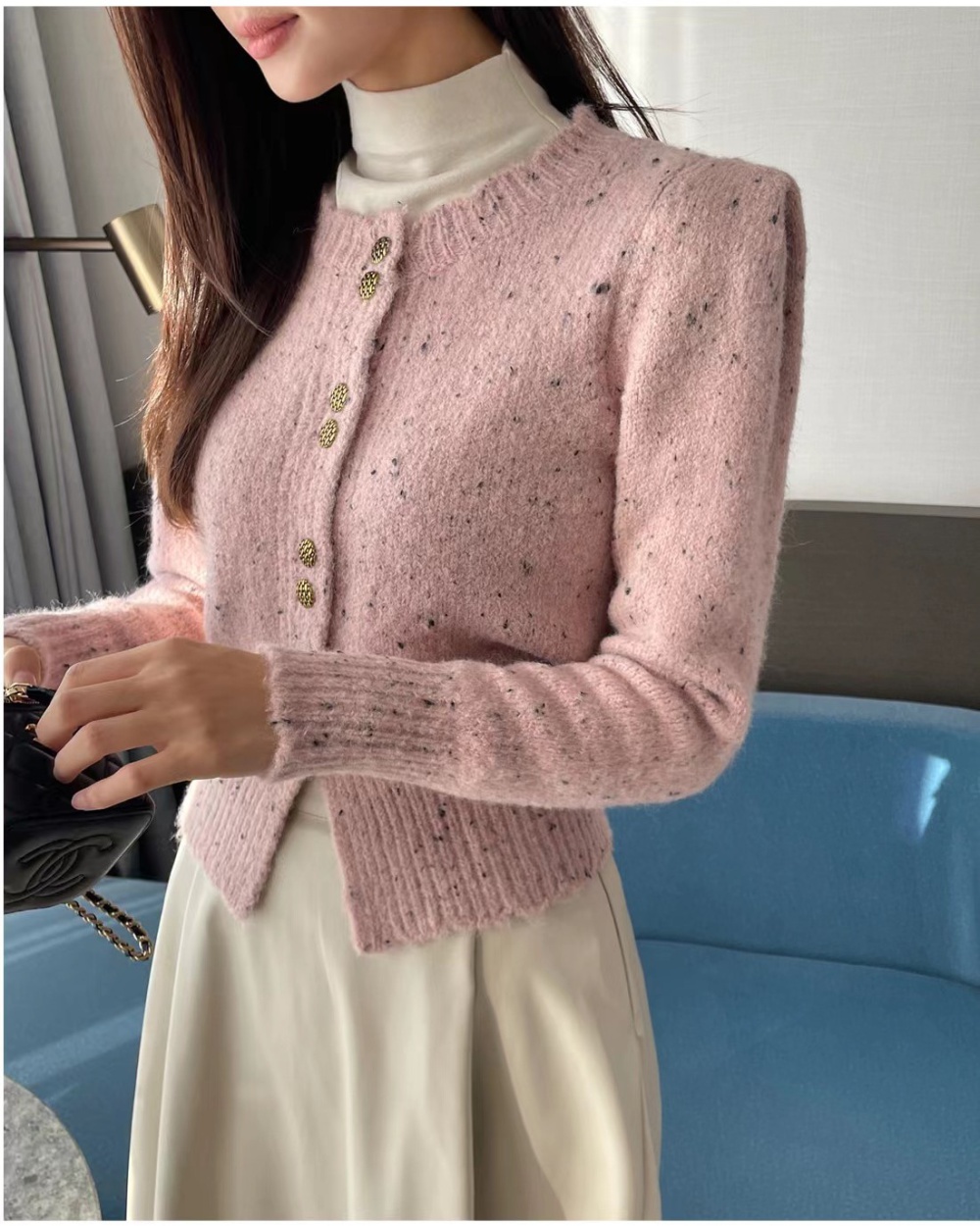 Round neck long sleeve Korean style breasted knitted cardigan