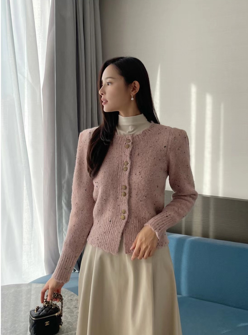 Round neck long sleeve Korean style breasted knitted cardigan