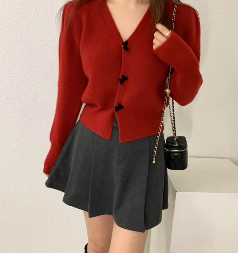 Slim short all-match cardigan buckle France style sweater