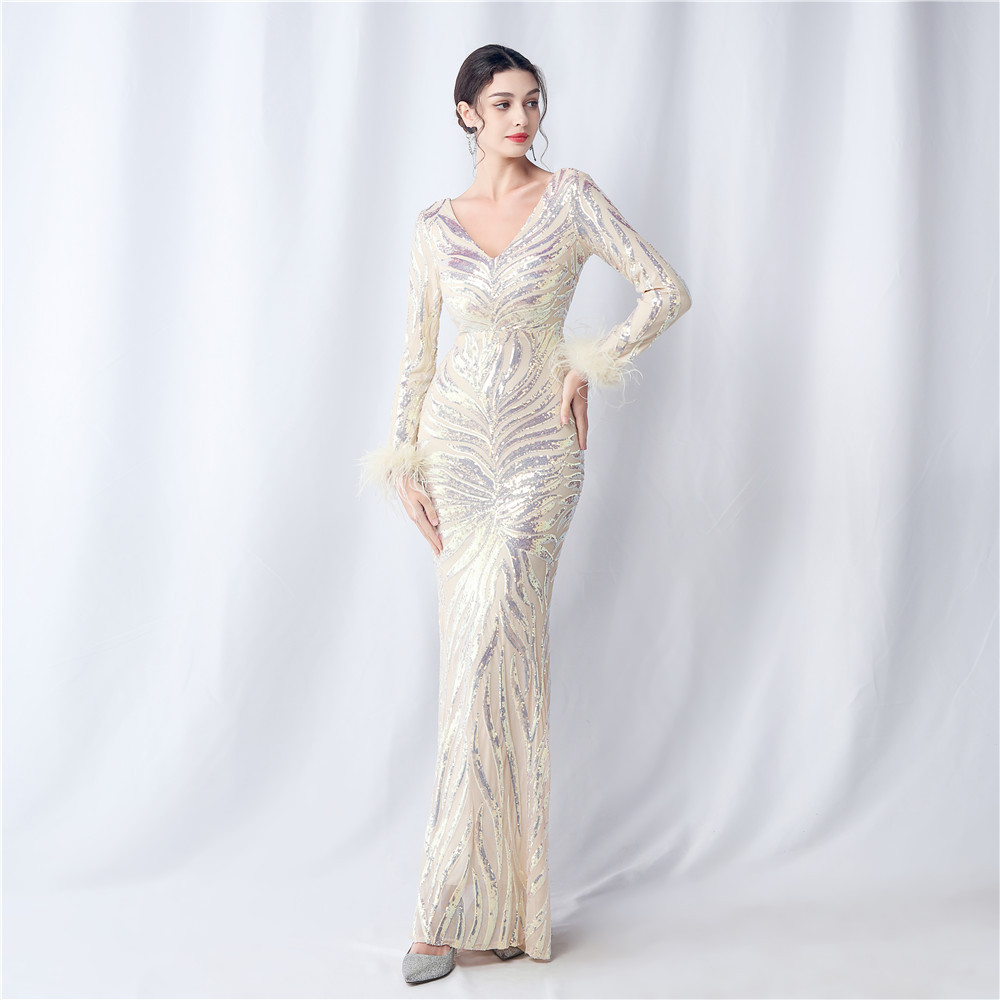 Colors sequins clipping long sleeve evening dress